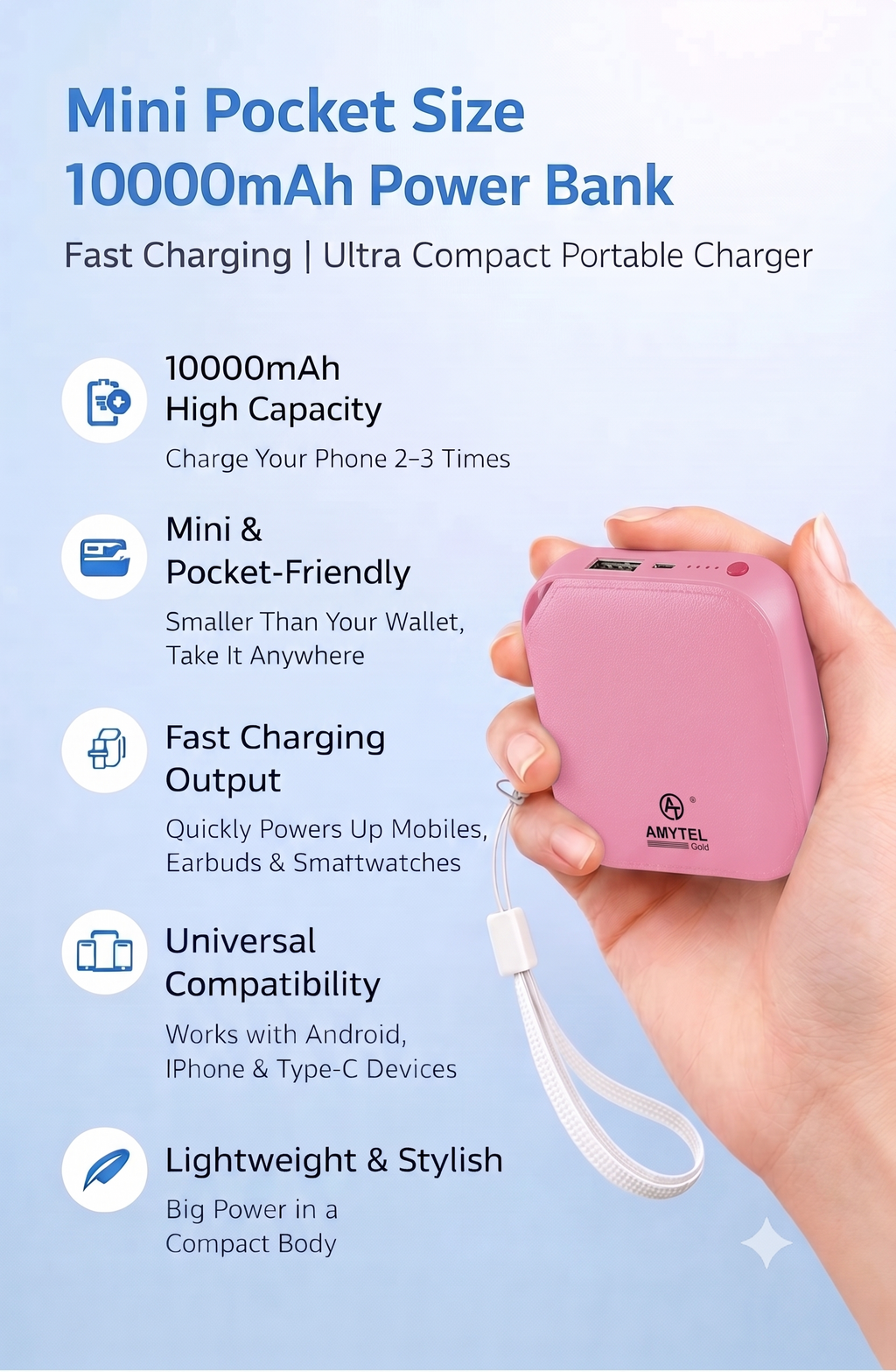 AMYTEL 10000 MAh Mini Pocket Size Power Bank ( Lithium-ion, Power Delivery 2.0, Power Delivery 3.0, Quick Charge 2.0, Quick Charge 3.0 for Laptop, Mobile, Smartwatch, Speaker, Trimmer)