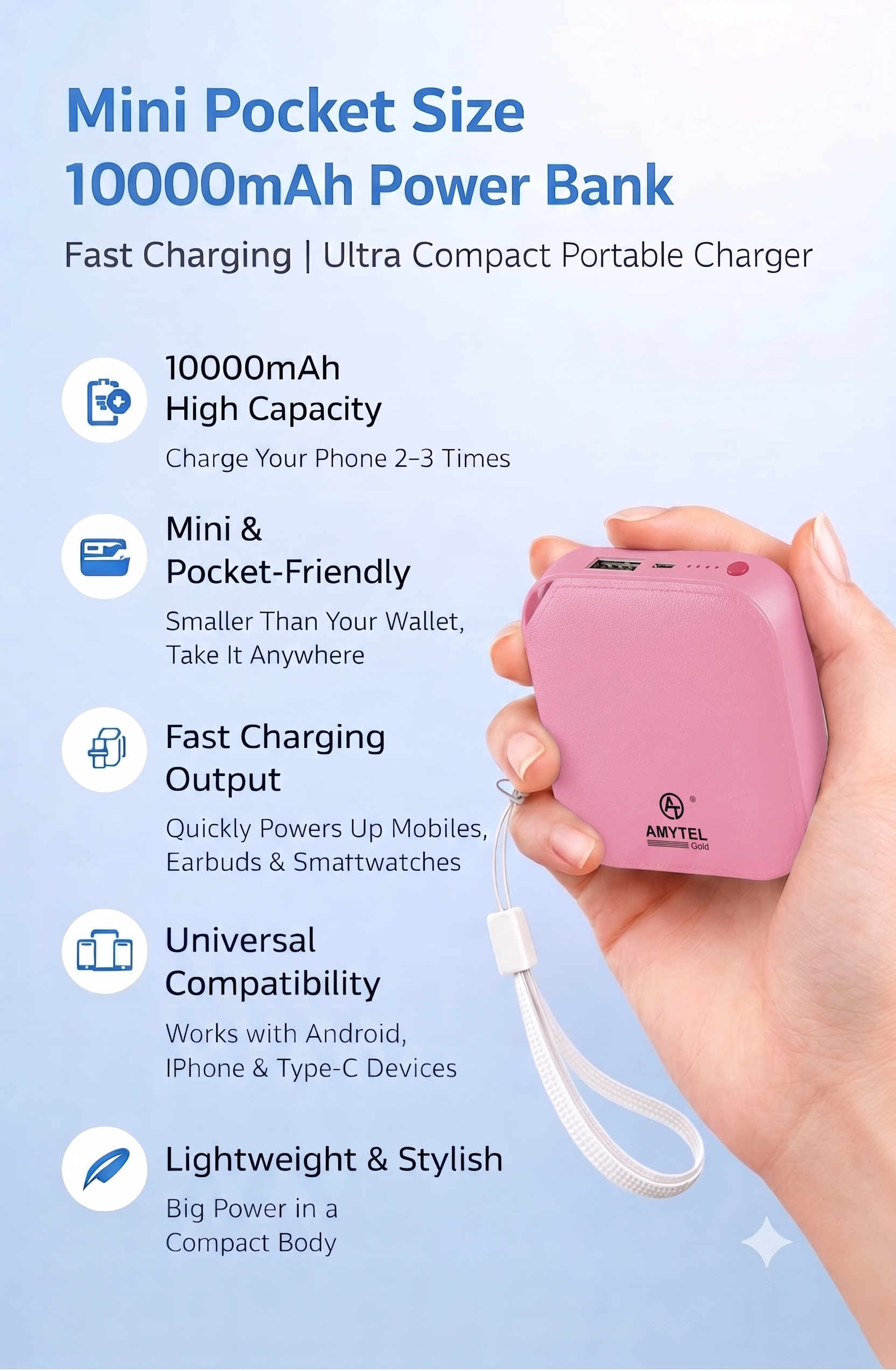 AMYTEL 10000 MAh Mini Pocket Size Power Bank ( Lithium-ion, Power Delivery 2.0, Power Delivery 3.0, Quick Charge 2.0, Quick Charge 3.0 for Laptop, Mobile, Smartwatch, Speaker, Trimmer)