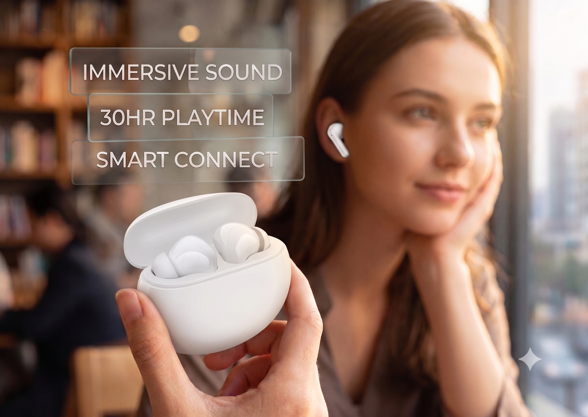 AMYTEL TWS-V-WHT01  TWS WIRELESS WITH  HD SOUND , IN BUILT MICROPHONE , VOICE ASSISTANT, LONG PLAYTIME