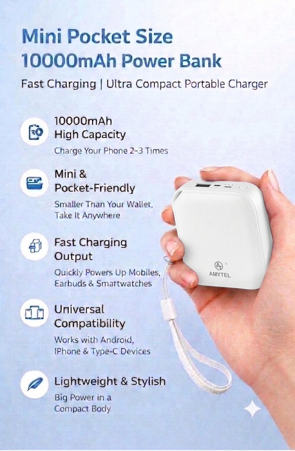 AMYTEL 10000 MAh Mini Pocket Size Power Bank ( Lithium-ion, Power Delivery 2.0, Power Delivery 3.0, Quick Charge 2.0, Quick Charge 3.0 for Laptop, Mobile, Smartwatch, Speaker, Trimmer)
