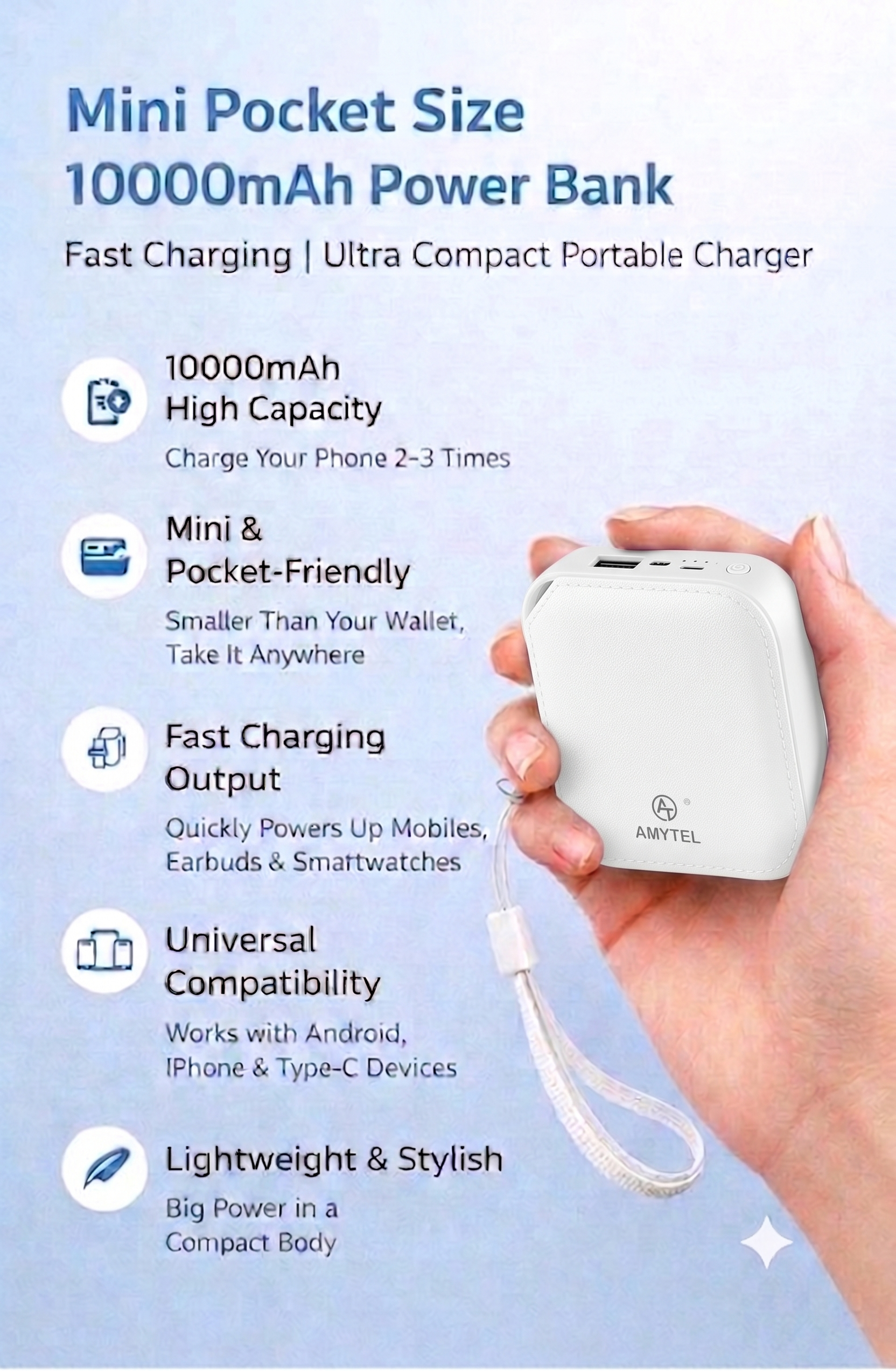 AMYTEL 10000 MAh Mini Pocket Size Power Bank ( Lithium-ion, Power Delivery 2.0, Power Delivery 3.0, Quick Charge 2.0, Quick Charge 3.0 for Laptop, Mobile, Smartwatch, Speaker, Trimmer)