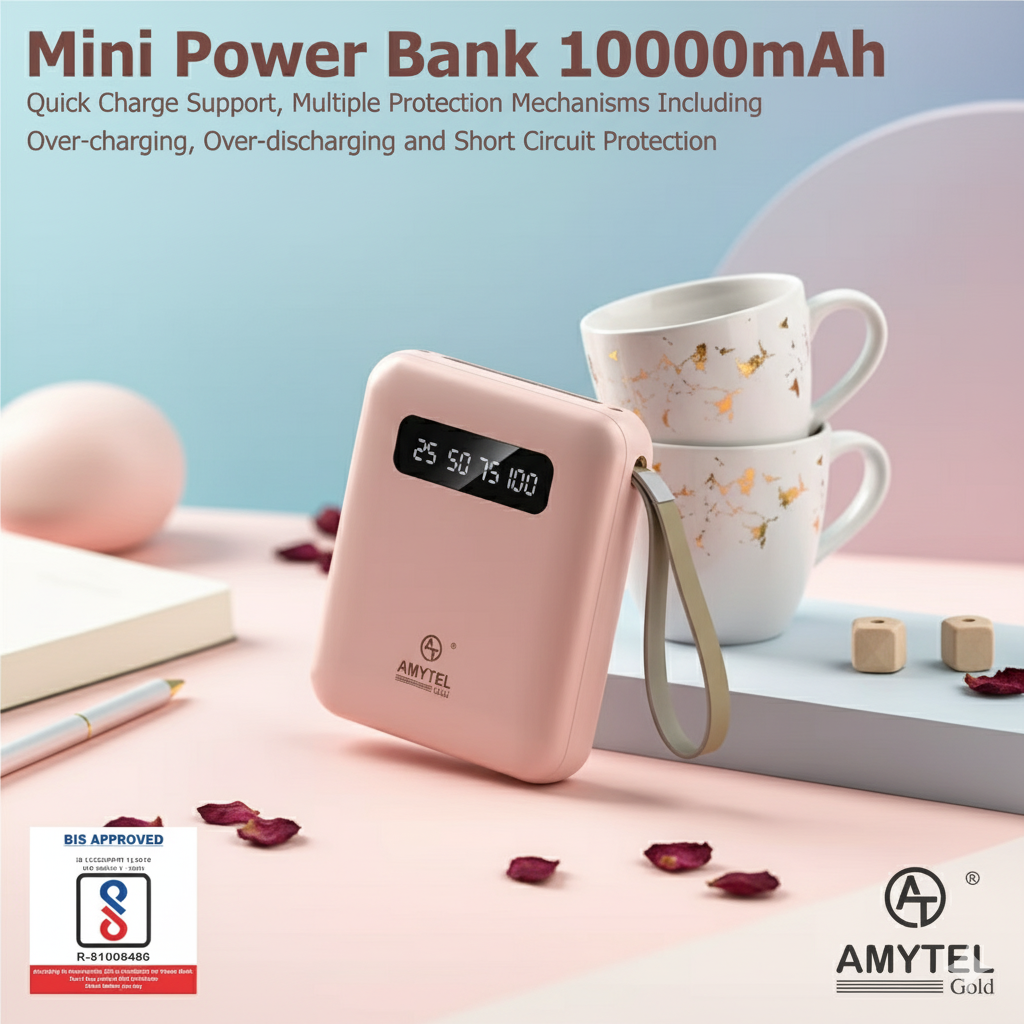 A pink AMYTEL Mini Power Bank with a digital display and wrist strap, styled next to stacked white cups with gold leaf patterns on a pastel pink and blue background with promotional text.
