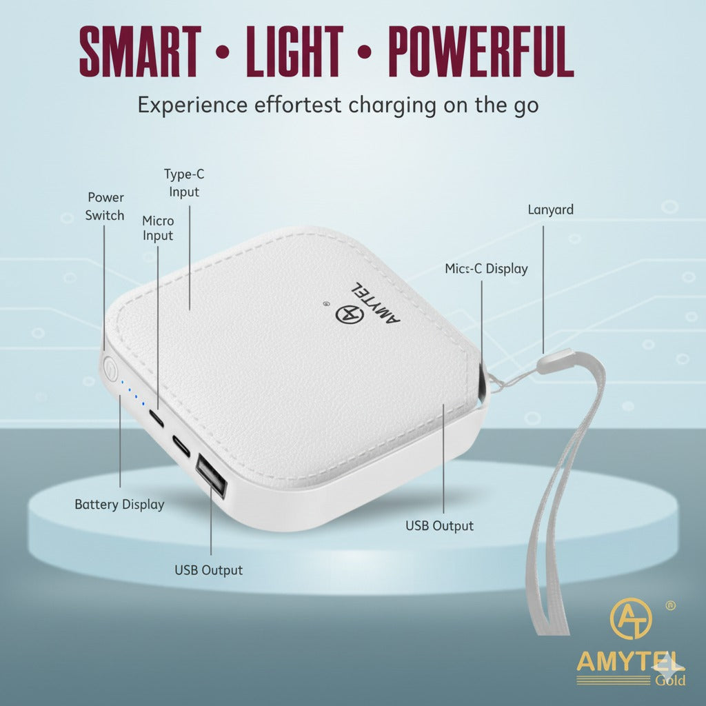 AMYTEL 10000 m Ah 5 W Mini Pocket Size Power Bank (Blue, Lithium-ion, Power Delivery 2.0, Power Delivery 3.0, Quick Charge 2.0, Quick Charge 3.0 for Earbuds, Mobile, Smartwatch, Speaker, Tablet)
