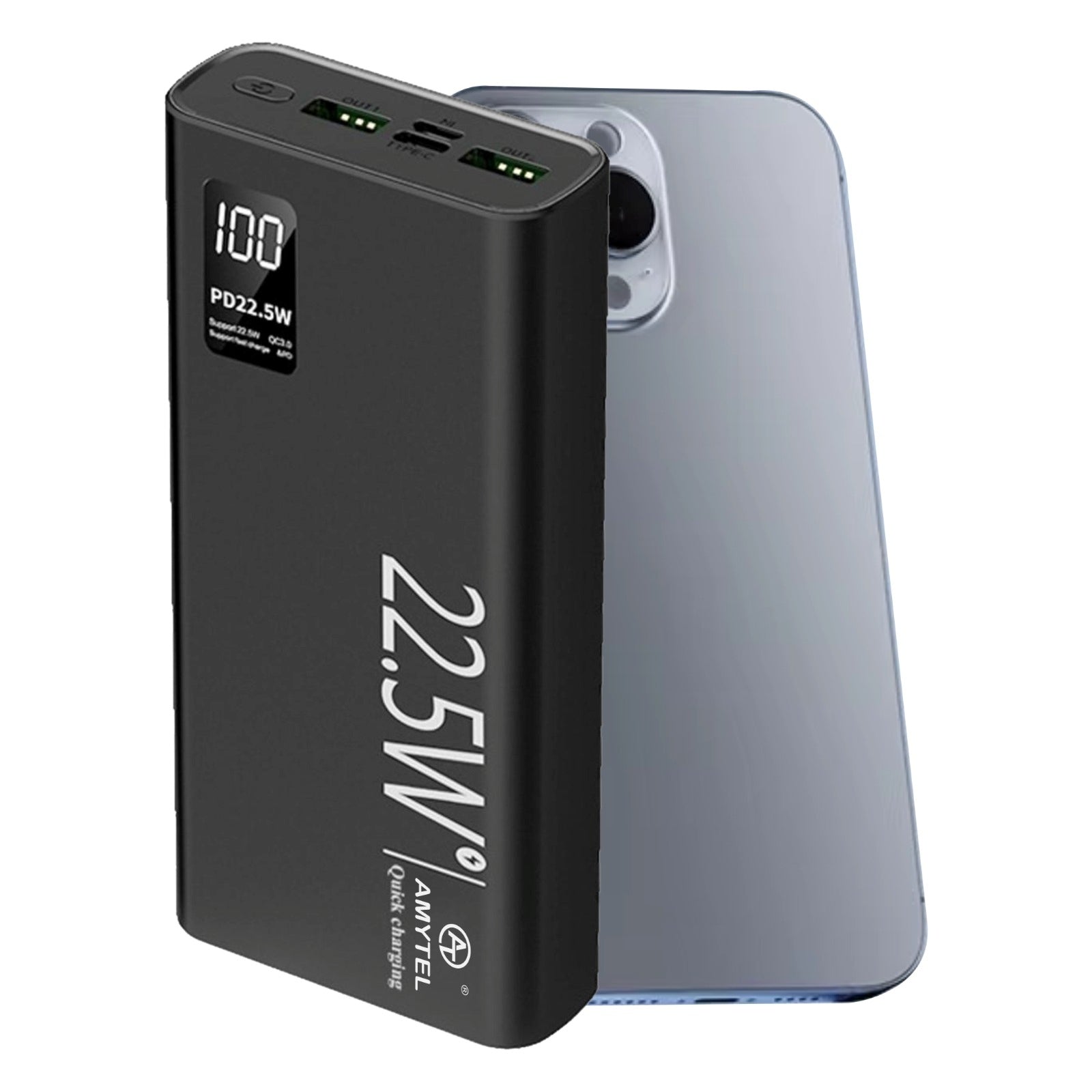 AMYTEL 20000 mAh 22 W Compact Pocket Size Power Bank (Black, Lithium Polymer, Fast Charging for Earbuds, Mobile, Smartwatch, Speaker, Tablet)