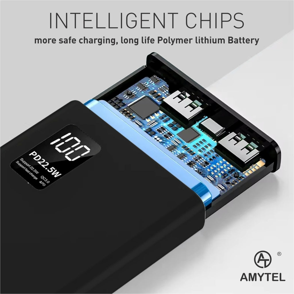 AMYTEL 20000 mAh 22 W Compact Pocket Size Power Bank (Black, Lithium Polymer, Fast Charging for Earbuds, Mobile, Smartwatch, Speaker, Tablet)