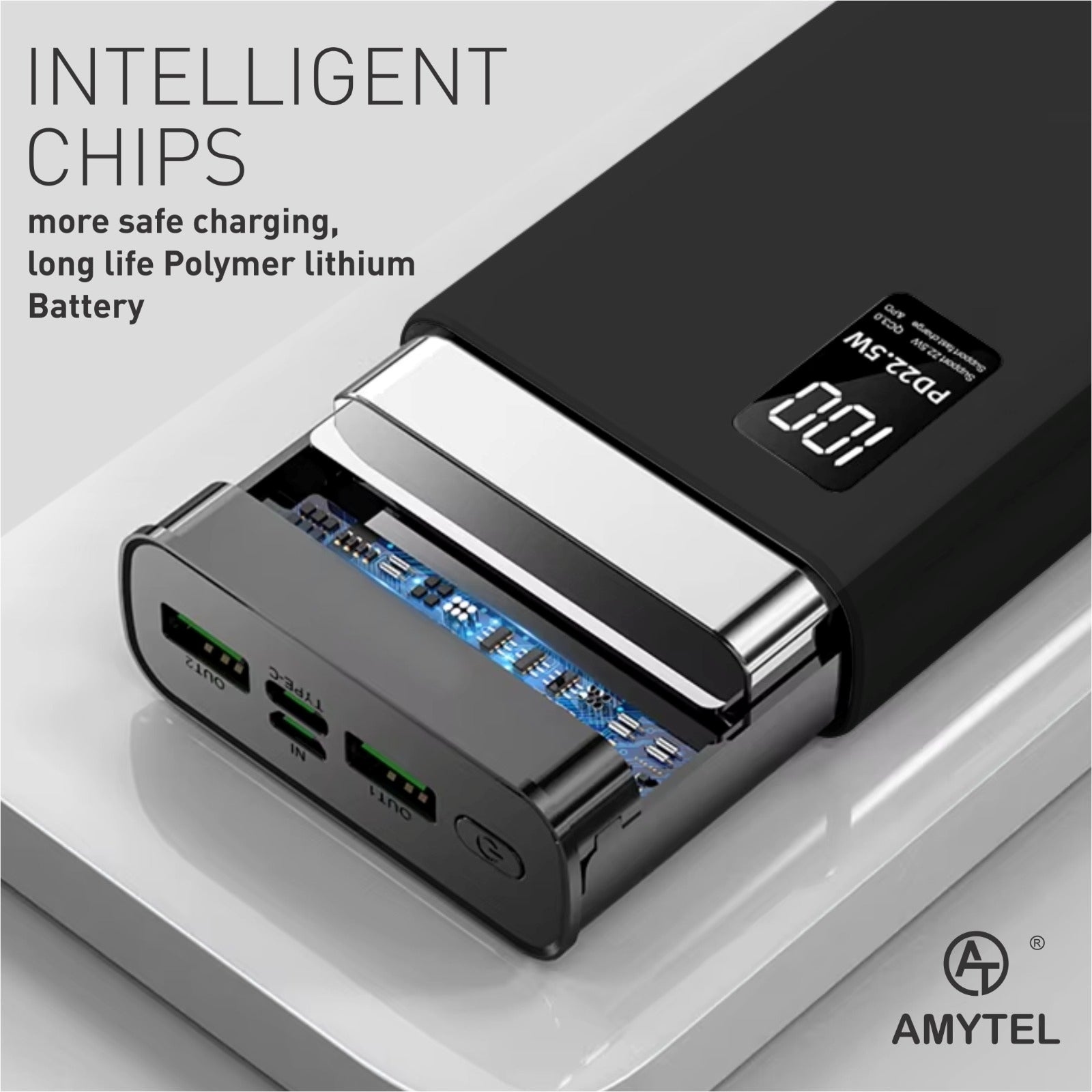 AMYTEL 20000 mAh 22 W Compact Pocket Size Power Bank (Black, Lithium Polymer, Fast Charging for Earbuds, Mobile, Smartwatch, Speaker, Tablet)